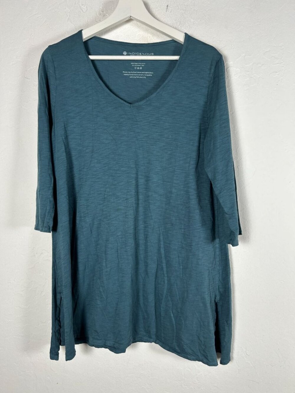 Indigenous Womens Teal 3/4 Sleeve Organic Pima Cotton V-Neck Tunic Top Large